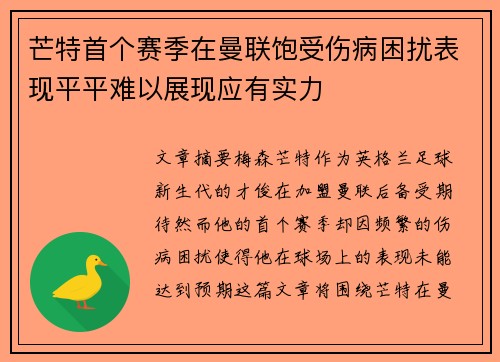 芒特首个赛季在曼联饱受伤病困扰表现平平难以展现应有实力