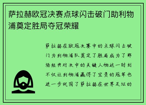 萨拉赫欧冠决赛点球闪击破门助利物浦奠定胜局夺冠荣耀